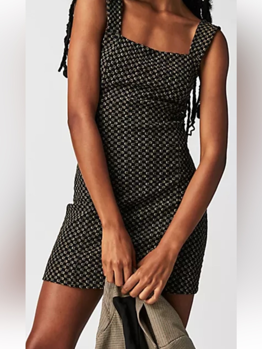 Free People Black and Cream Mini Knit Square-Neck Dress Sz M